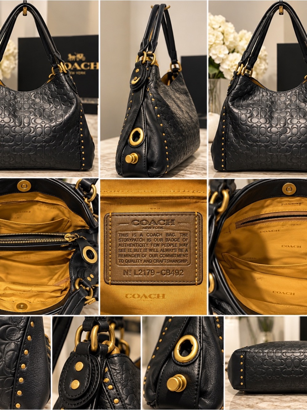 Coach Black Embossed Signature C Studded Leather Hobo Bag Gold Hardware
